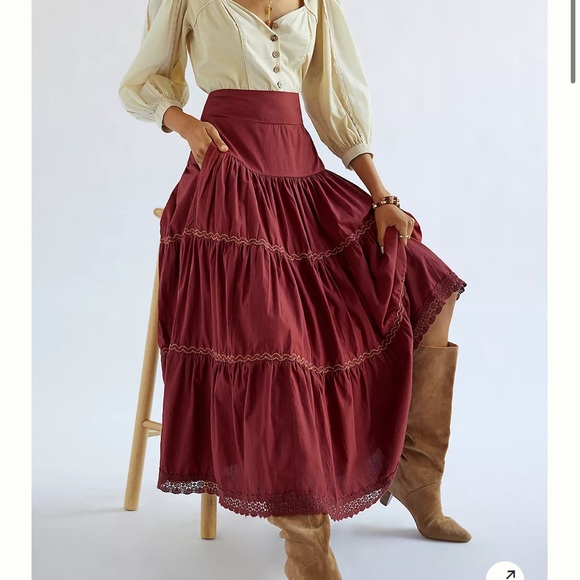 SOLD ON DP 
Anthropologie Red Tiered Maxi Skirt for Night Out - Picture 1 of 4